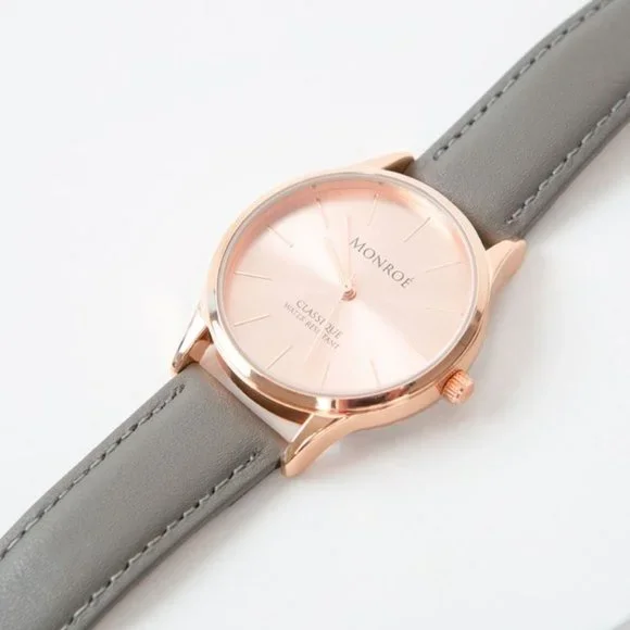 Monroe SOLÉROSE Watch Rose Gold CHARCOAL LEATHER Strap Unisex NWT - Picture 2 of 5